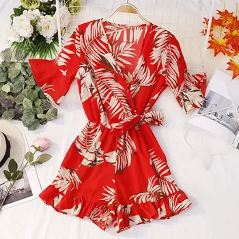 

2019 Women's V Neck Flare Sleeve Floral Print Rompers With Belt Summer Vocation Three Quarter V Neck Rompers