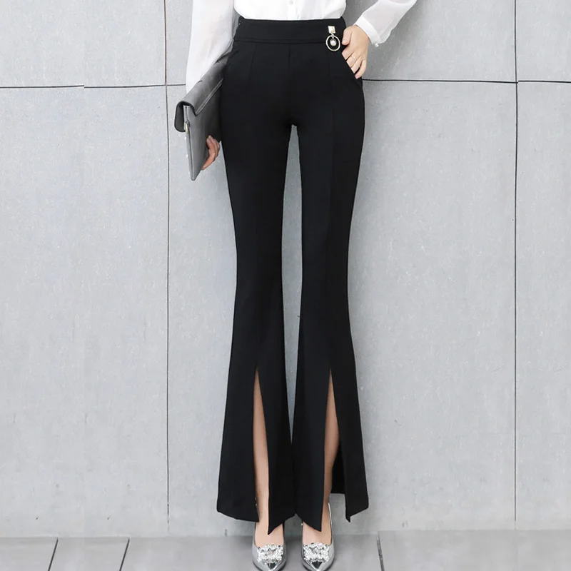 

Fall Front High Split Elastic Flare Pants Women Slim Brief Style Trousers Office Ladies Casual Work Wear Pants Metal 2294LY
