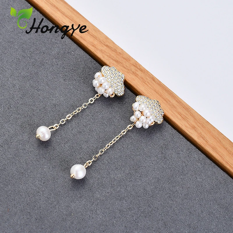 

Hongye Women Real Pearl Earrings for Women Long Dangling Cloud Shaped Statement Ear Jewelry Sterling Silver 925 Brincos Bijoux