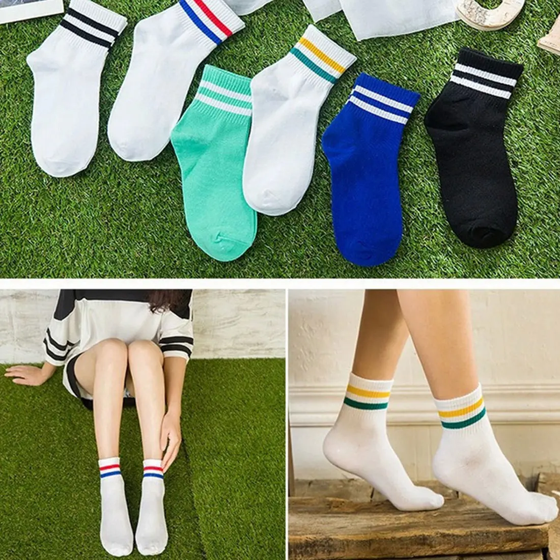 New Classic Women Girls Two Stripes Cotton Socks Retro Old School