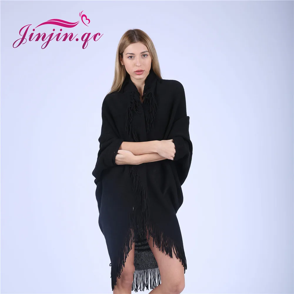 Jinjin.QC Tassel Ponchos Acrylic Shawl Wool Poncho For Women Winter Knitwear cape solid color shawls with sleeves wraps echarpe