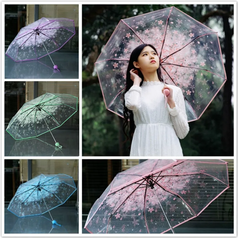 4 Color Women's Rain Umbrella Transparent Clear Cherry Blossom Mushroom Apollo Sakura Printed Three-folding Umbrella AU10#F (22)