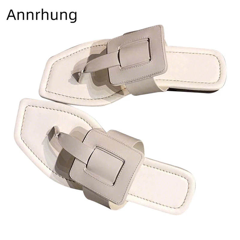 

2019 New Summer Flip Flops Women Square Buckle Flat Casual Shoes Woman Black White Genuine Leather Beach Slides Mujer