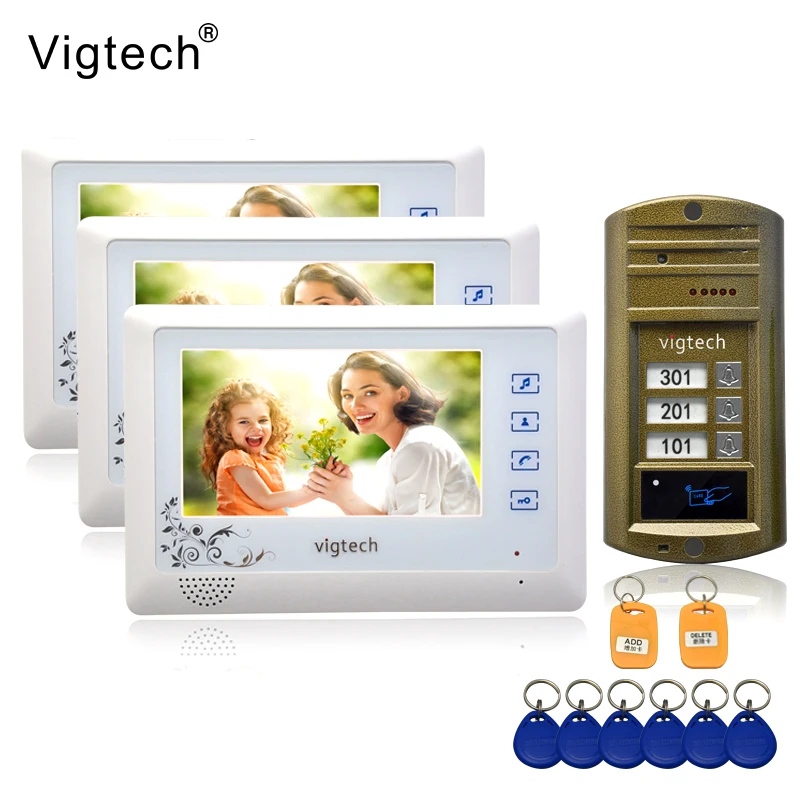 Vigtech 7'' color video door phone 3 monitors with 1 intercom doorbell can control 3 houses for multi apartment RFID Camera