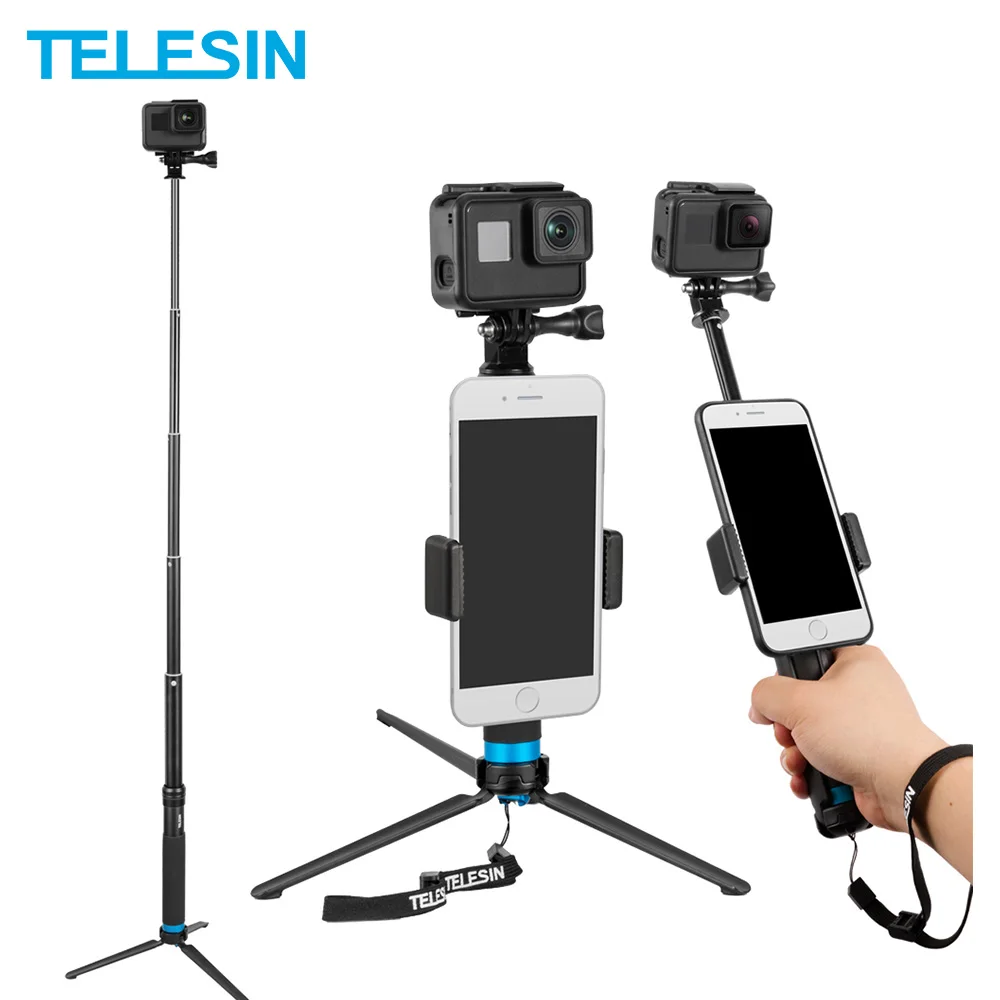 Günstige TELESIN Erweiterbar Aluminium Legierung Selfie Stick mit Stativ und Telefon Clip für GoPro Hero 5 6 7 8 Xiaomi Yi DJI Osmo Action
