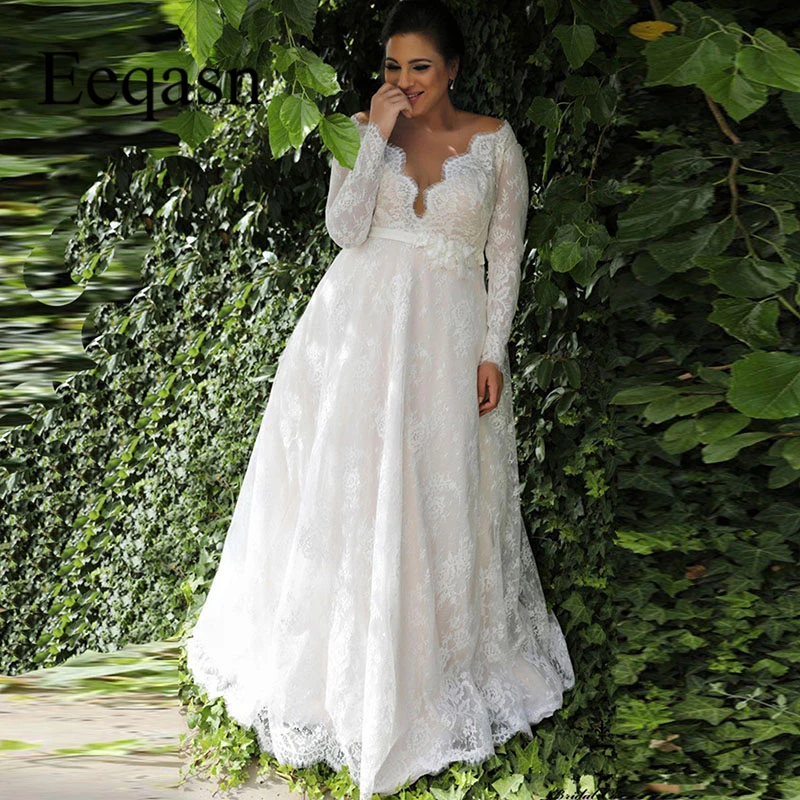 Plus Size Lace Wedding Dresses 2019 Long Sleeve V Neck Boho Beach A ...