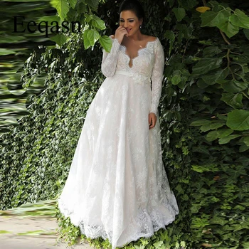 

Plus Size Lace Wedding Dresses 2020 Long Sleeve V Neck Boho Beach A Line Wedding Gowns Bride Dress Custom vestido noiva