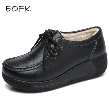

EOFK Women Leather Shoes With Short Plush Winter Women's Flat Platform Shoes Woman Black Women's Casual Flats Ladies Flat Shoes