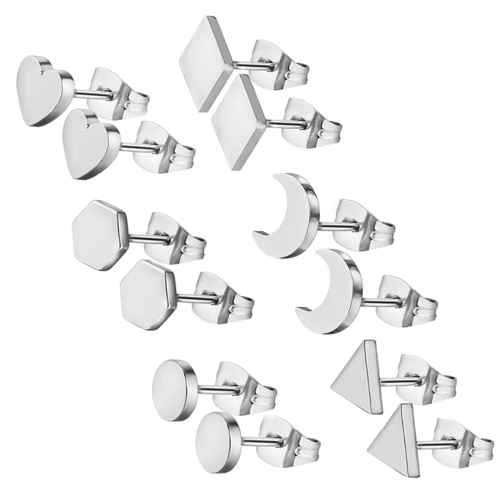 

12pcs Stainless Steel Silver Tone Stud Earrings for Women Heart Moon Design Refined Earrings Accessories Jewelry Girls Gift ER02