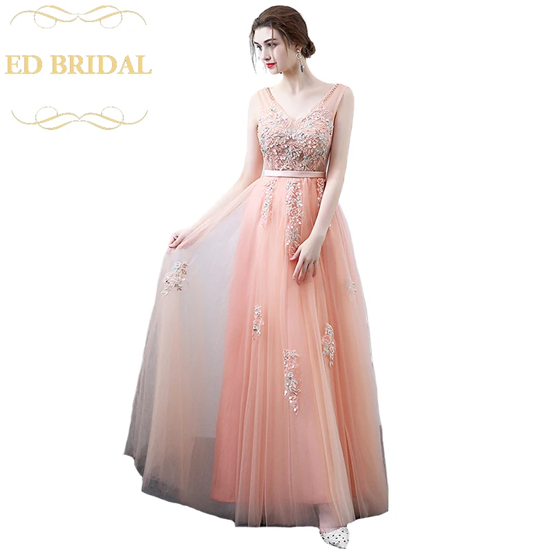 Sweet Peach Color Elegant Evening Dress The Bride Banquet V neck Lace
