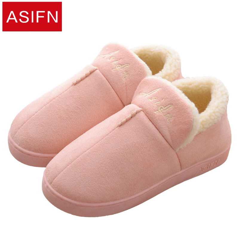 

ASIFN Women Slippers with Fur Men Slipper Cotton Winter Shoes Zapatos De Mujer Plush Modis Furry Loves Female Male Flip Flops