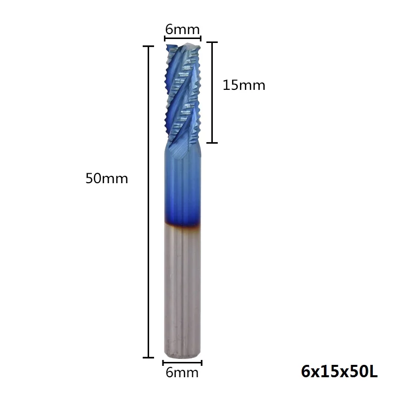XCAN 1 шт. 4 мм-12 мм нано голубое покрытие Черновая Концевая фреза 4 флейты Спираль Карбид Концевая фреза ЧПУ фреза - Длина режущей кромки: 6x15x50L