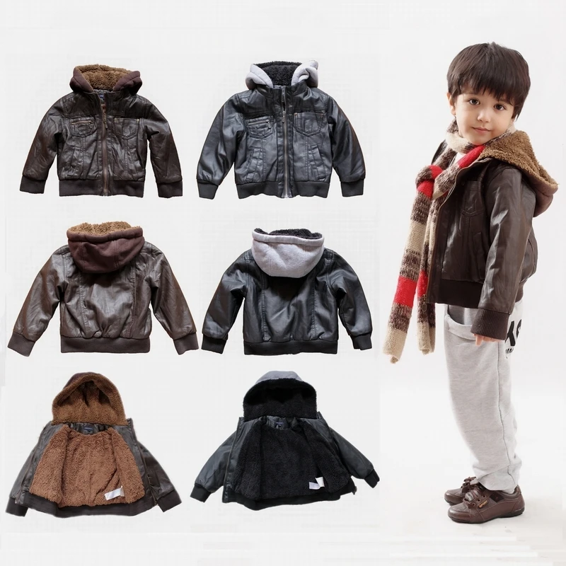 

New kids faux leather motorcycle jacket velvet hooded thickening child plus cotton jacket outerwear free shipping