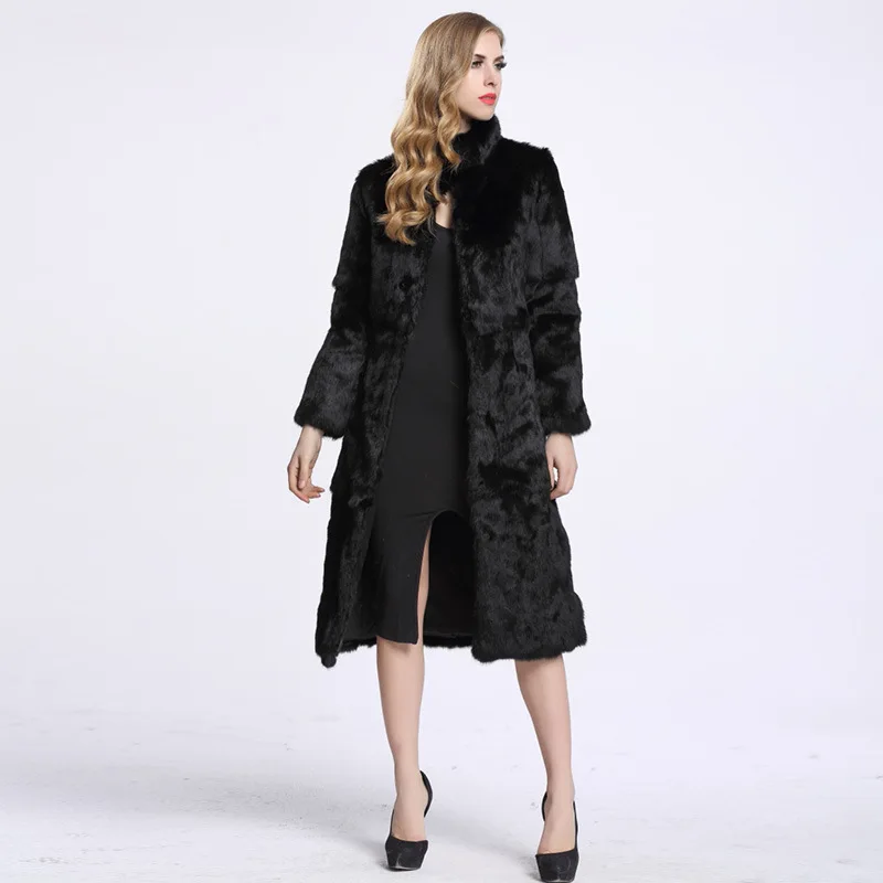 Женское меховое пальто новое пальто из натурального кроличьего меха длинное меховое пальто с длинным рукавом пальто из натурального меха зимняя куртка для женщин - Цвет: black