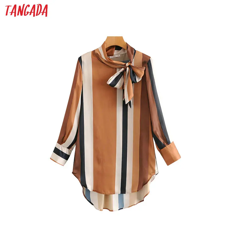 Baratos Blusa a rayas Tangada para mujer estampado geométrico pajarita cuello manga larga camisas casuales sueltas blusas mujer HY21