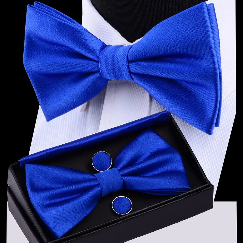 

RBOCOTT Mens Bow Tie Set Solid Double Fold Bow Ties Waterproof Plain Blue Bowtie Hanky Cufflinks Gift Box For Men Wedding Gift