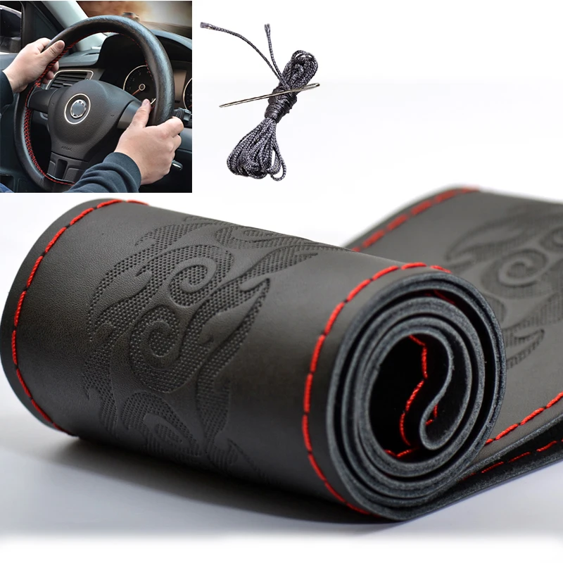 

38CM 37cm New Car Steering Wheel Cover Auto Leather Braid Soft Handlebar Racing Wheel Universal Size With Needles And Thread