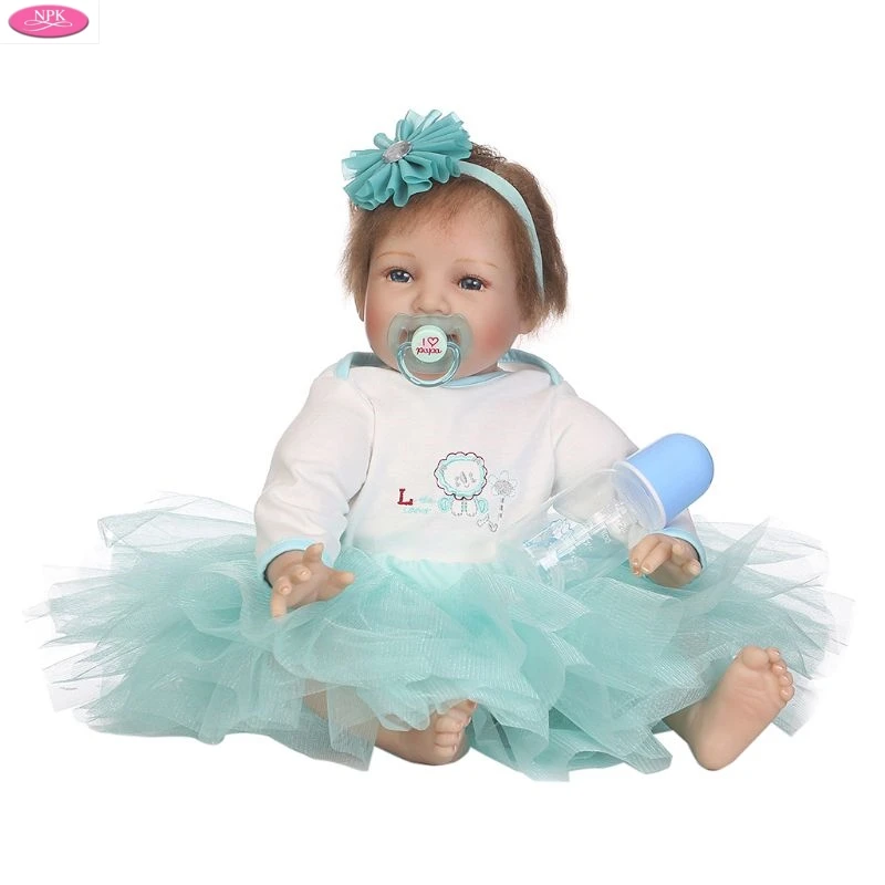 

22inch Silicon Newborn Lifelike Smiling Baby Doll White Light Blue Mesh Dress Flower Headband Early Childhood Kids Toys OCT31