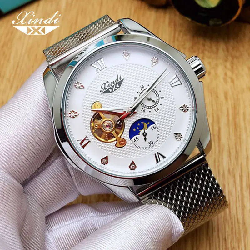 

Xindi Luxury Brand Automatic Men's Watch Mechanical Tourbillon Wristwatch Luminous Moon Phase Stainless Steel Man Flywheel Watch