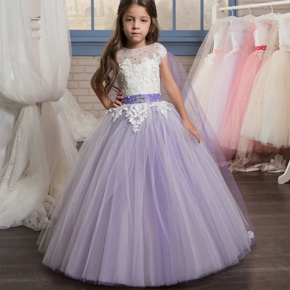 

2021 New Arrival Purple Flower Girl Dresses Ball Gown O-Neck Sleeveless Beading Formal First Communion Gowns Vestidos Longo Hot