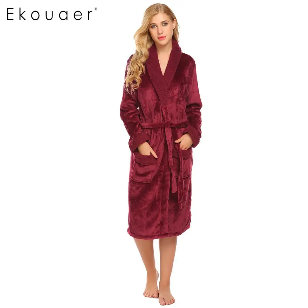 Ekouaer Women Soft Plush Bathrobe Sleepwear Winter Long Warm Robe Shawl ...