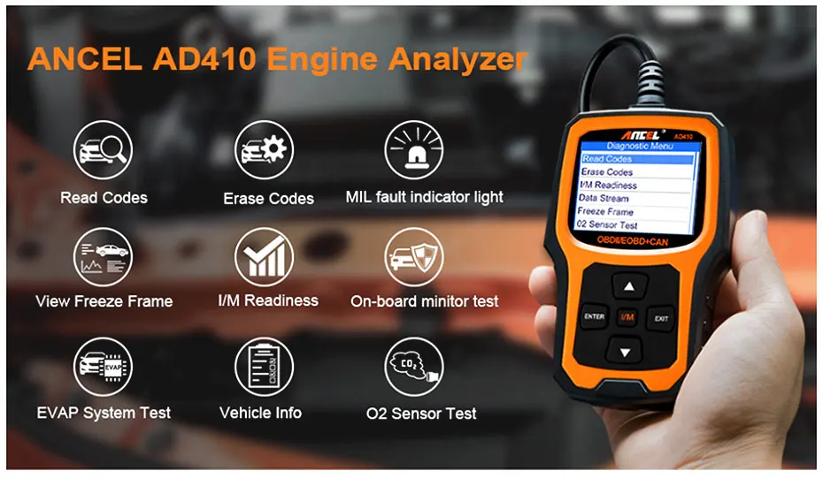 Ancel AD410 OBD2 сканер автомобильный диагностический инструмент ODB2 считыватель кодов стирание кодов ошибок несколько языков двигатель OBD 2 сканер