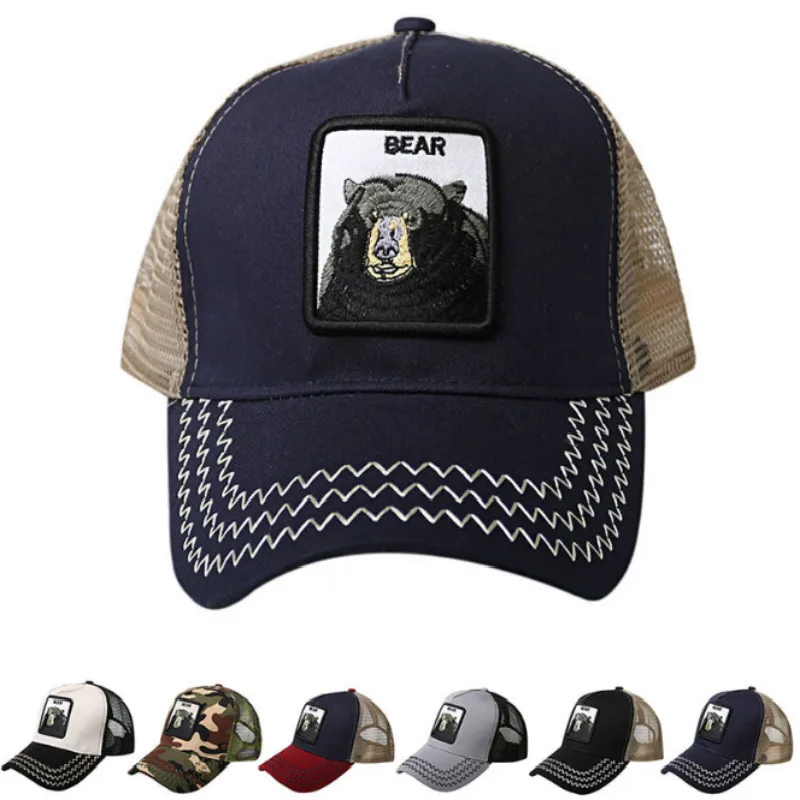 

Embroidery Bear Mesh Snapback Cap Unisex Patchwork Summer Baseball Cap Classic Animal Trucker Hat Outdoor Sports Curved Sunhat
