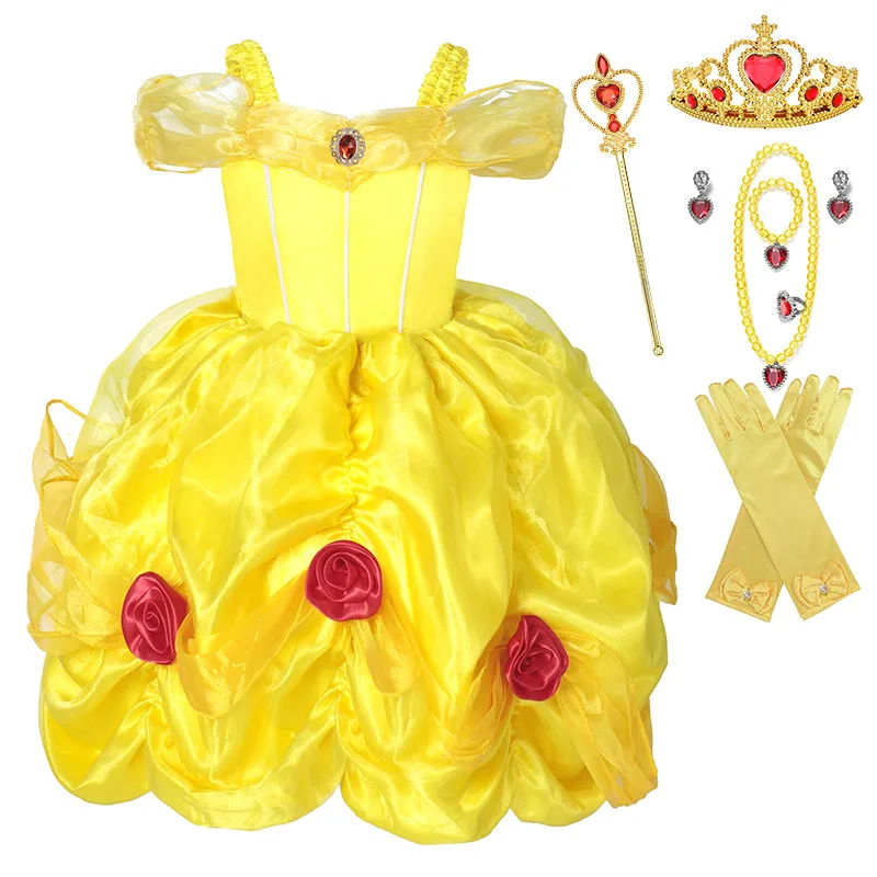 

2-8T Little Girls Elegant Fairy Tale Princess Belle Costume Tea-Length off Shoulder Summer Party Dress Beauty and The Beast Gown