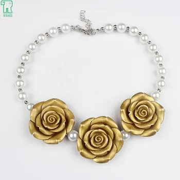 

5pcs/lot New Arrival Boutique Gold Rose Flower Necklace Girls Princess Chunky Bubblegum Necklace For Dress Up