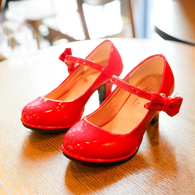 女の子のためのプリンセスレザーハイヒール 蝶ネクタイ付きのファッショナブルな靴 赤 滑り止め 子供のための結婚披露宴 春秋 Leather Shoes Wedding Shoes Kidskids Red High Heels Aliexpress