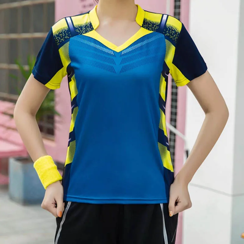 Blue Sports Quick Dry breathable badminton shirts,Women/Men table tennis group game running training Sport V Neck T Shirts