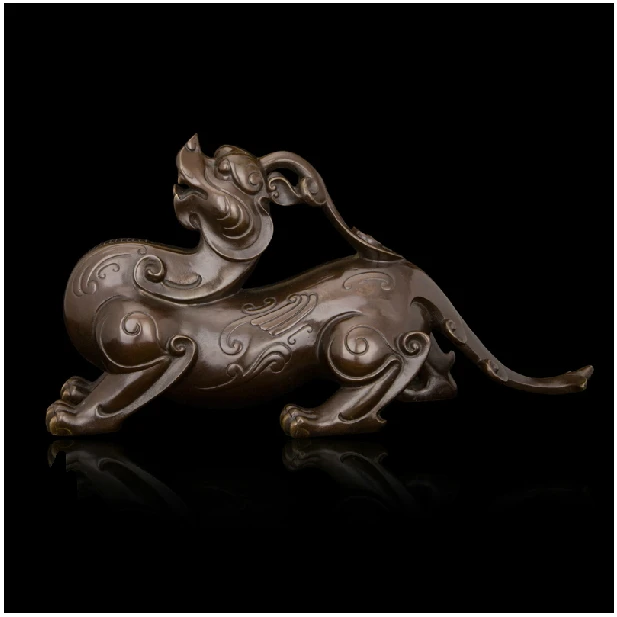 

ATLIE Bronze Handicraft unicorn statue Chinese Mythical Wild Animal Figurine Long tail Mascots Pi Xiu fengshui Products