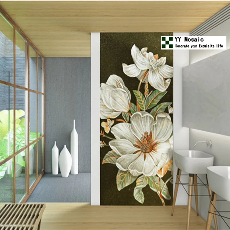 

Custom Luxury White Flower Mural Glimmer Ice Jade Glass Mosaic Tile Wall, 10 years color lasting