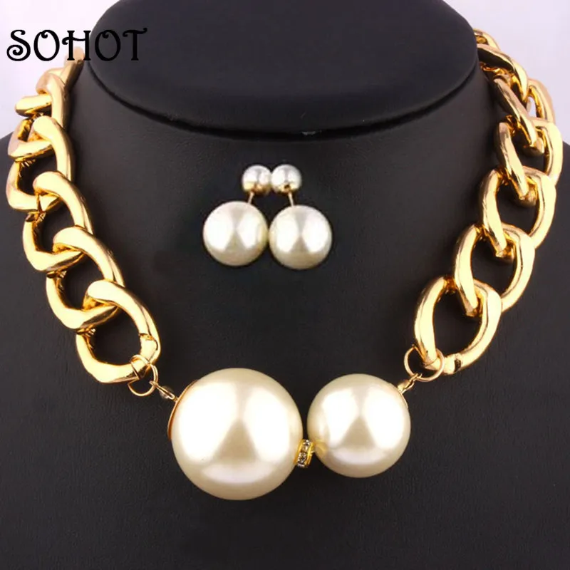

SOHOT New Wide Gold Color Alloy Trendy Women Jewelry Set Necklace Simulated-pearl Earrings Charming Party Lady Engagement Gifts