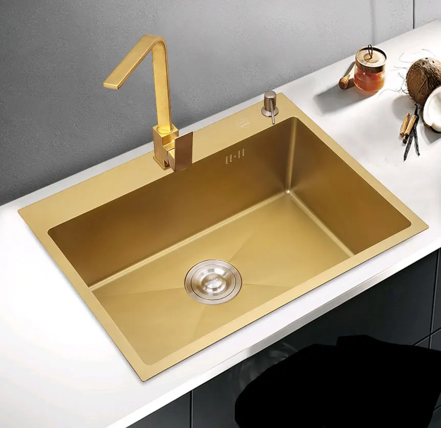 

304 Stainless Steel Double Bowl Undermount Counter Nano-coating Gold Brushed Kitchen Sink 4mm Vegetable Washing Basin with Tap