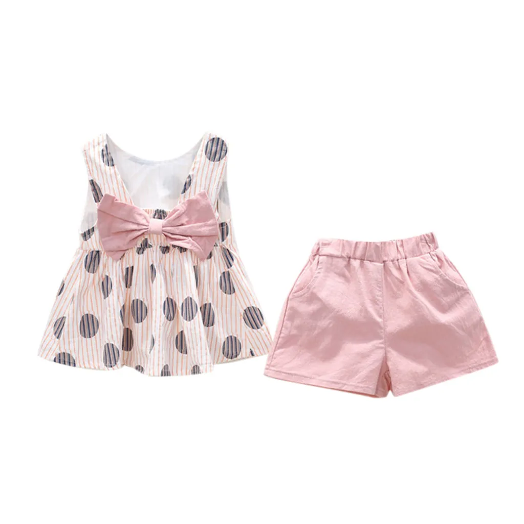 Комплект детской одежды для девочек, хлопковый комплект одежды для маленьких девочек летняя футболка жилет в горошек с бантом и шорты