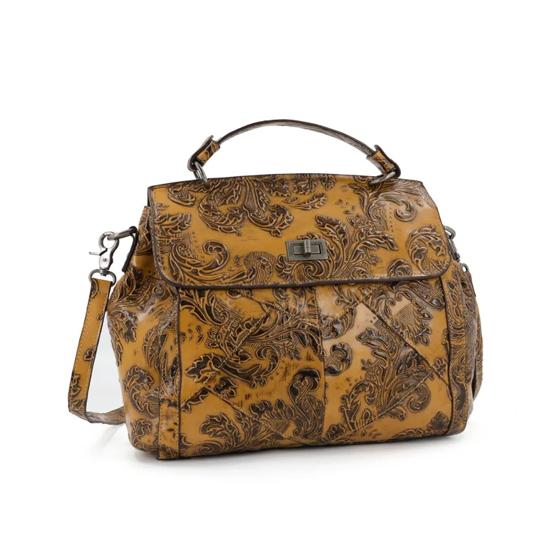 

REAL GENUINE LEATHER Embossed Tote Bags For Women First Layer Cowhide Lady Top Quality Handbags Vintage Leather Bolsas Feminina