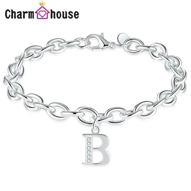 

Silver Bracelets for Women Man 26 Letters Charm Bracelet with Cubic Zirconia Link Chain Bangle Fashion Brand Jewelry Pulseira
