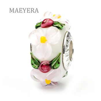 

MAEYERA 100% 925 Sterling Silver Lampwork Beads Shallow Pink Stereo Petals Murano Glass Beads Fit European Charm Bracelet 920155