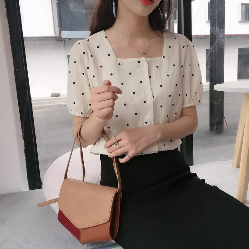 Корейская шикарная простая Милая Повседневная Женская универсальная элегантная Свободная рубашка в горошек с короткими рукавами - Цвет: white