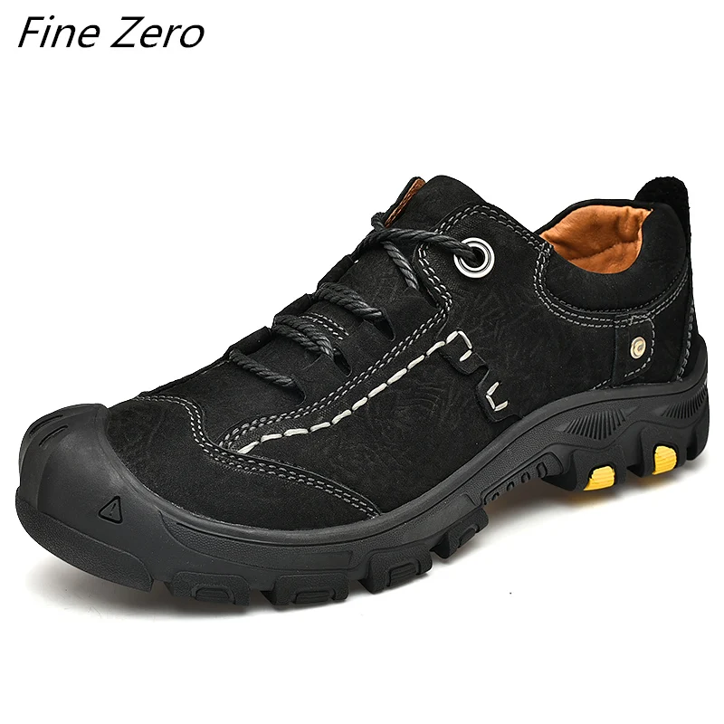Men's Waterproof Hiking Shoes Travel Shoes Outdoor Non-slip Wear Hunting Sneakers Genuine Leather Trekking Climbing Sports Shoes - Цвет: Black 9919