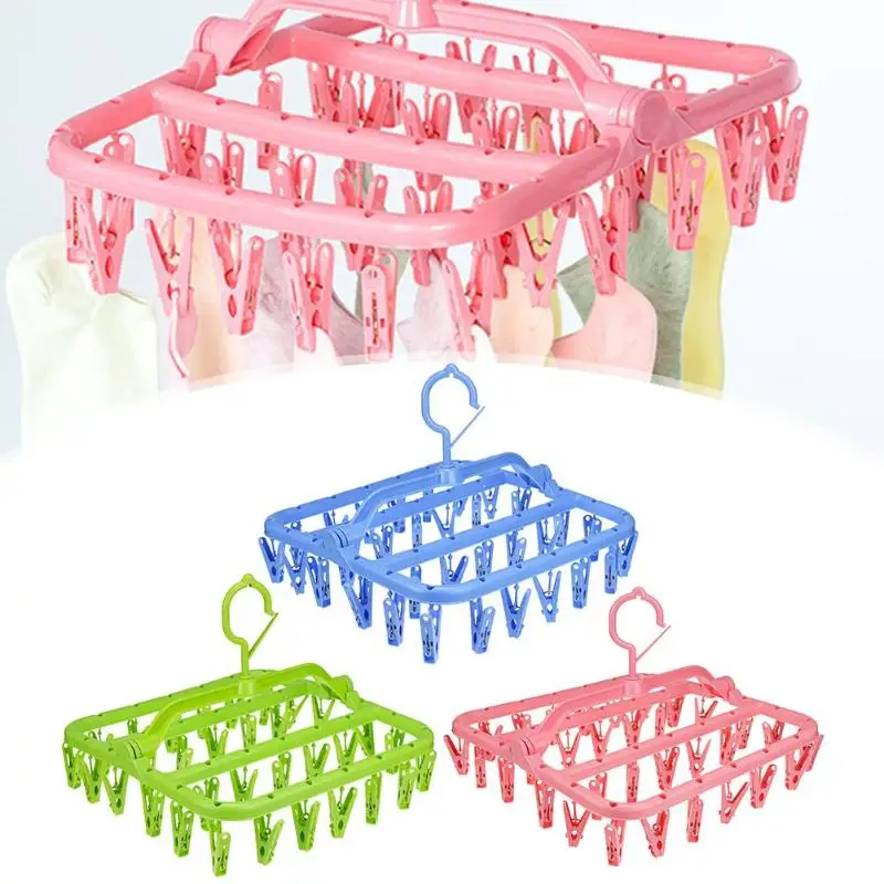 

32 Clips Portable Socks Cloth Hanger Rack Clothespin Folding Foldable Multifunctional Drying Rack Sock Holder