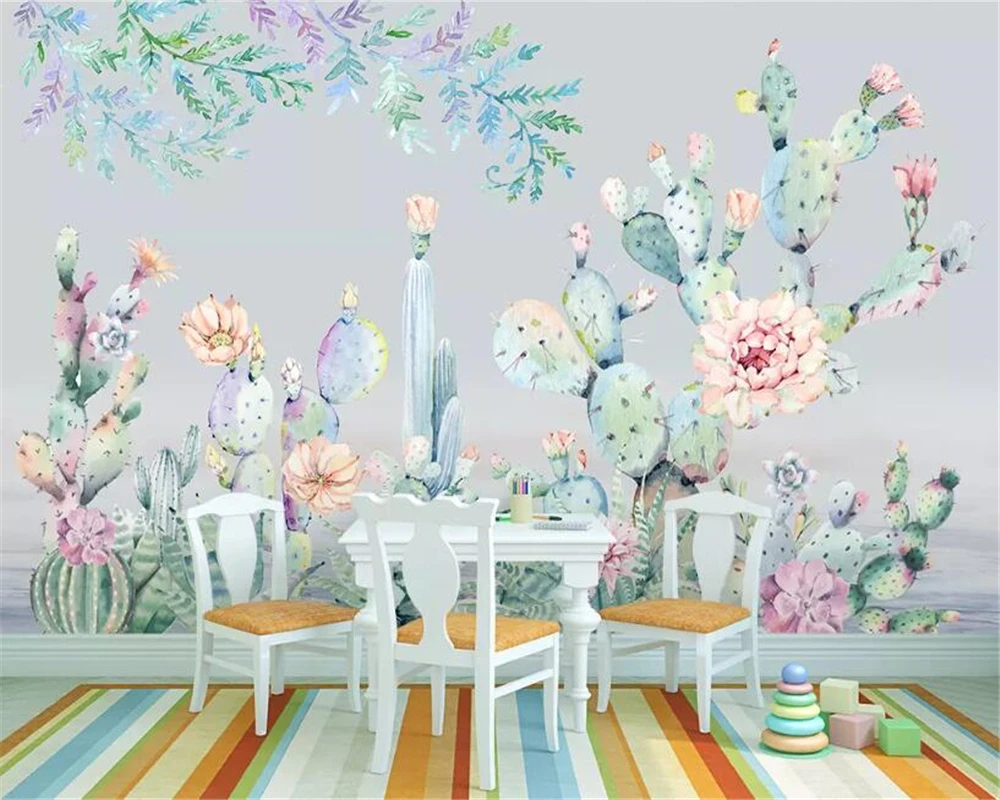 

beibehang Custom wallpaper living room bedroom Fashion hand drawn tropical plant cactus flower TV background wall 3d wallpaper
