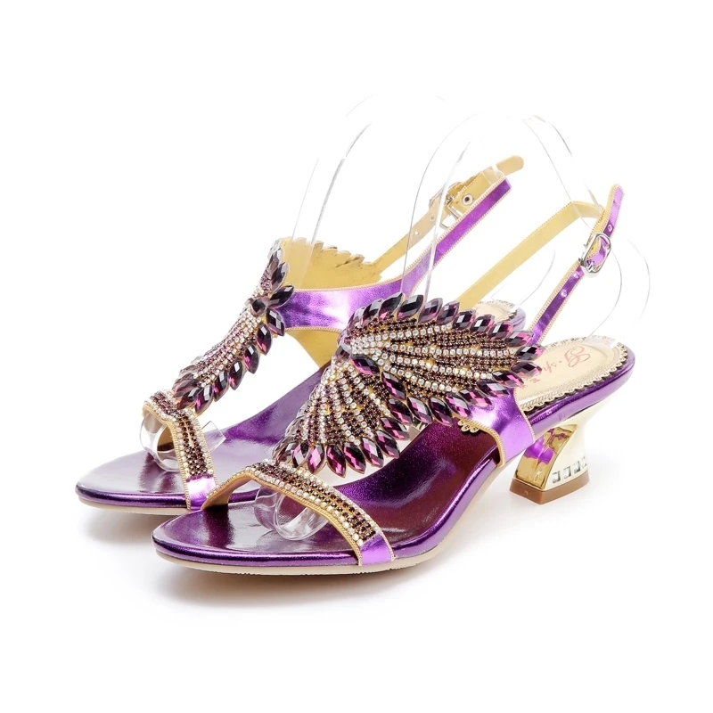 

Thick Heel Ladies Shoes Purple Crystal Butterfly Style Beautiful Women Summer Sandals Back Strap Open Toe Wedding Party Heels