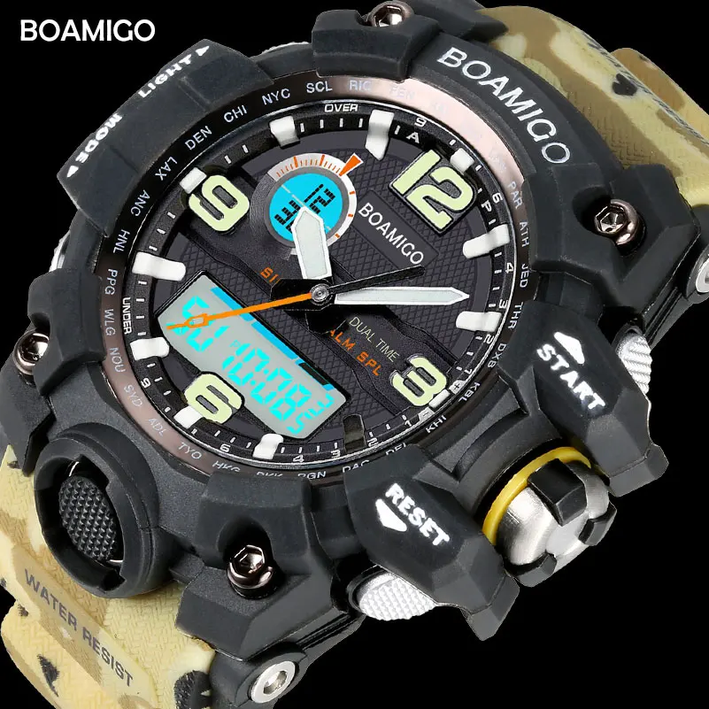 

Men Sport Watches BOAMIGO Brand LED Digital Watches Military Quartz Watch Rubber Strap 50M Waterproof Swimming Wristwatch F5100