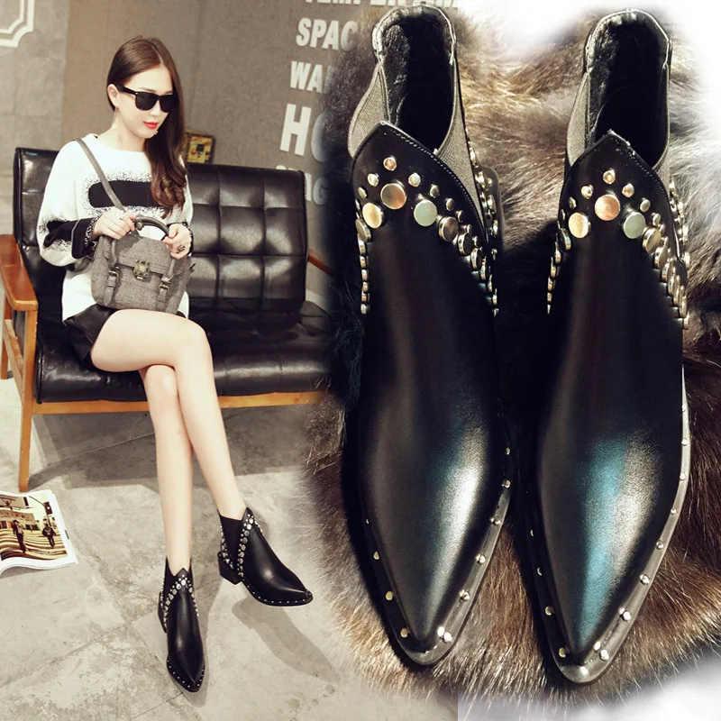 

Autumn and winter female black pointed rivets shorts tide single boots with women Chelsea Martin boots rough