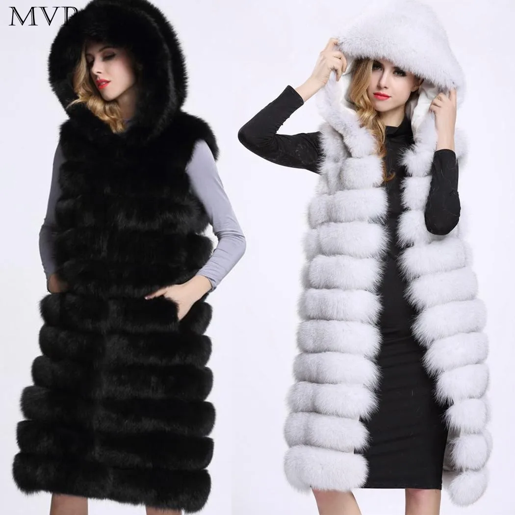 Faux Fur Coat Women Winter 2017 Hooded Fur Coat Warm Thick Faux Fur Vest Waistcoat Front Open Sleeveless Striped Long Coats