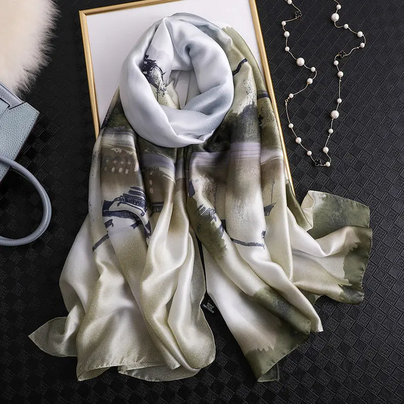 

2019 summer women scarf Landscape painting silk scarves female shawls Foulard Beach cover-ups wraps bandana muffler ladies pareo