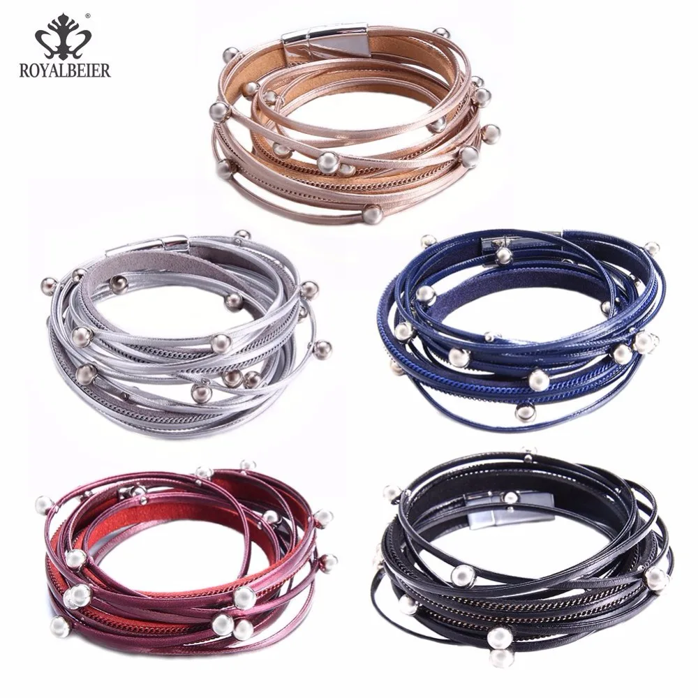 ROYALBEIER Jewelry Bracelets for Women Multi-layer PU Leather Rope with Imitation Pearl Winding Bangles Dropshipping | Украшения и