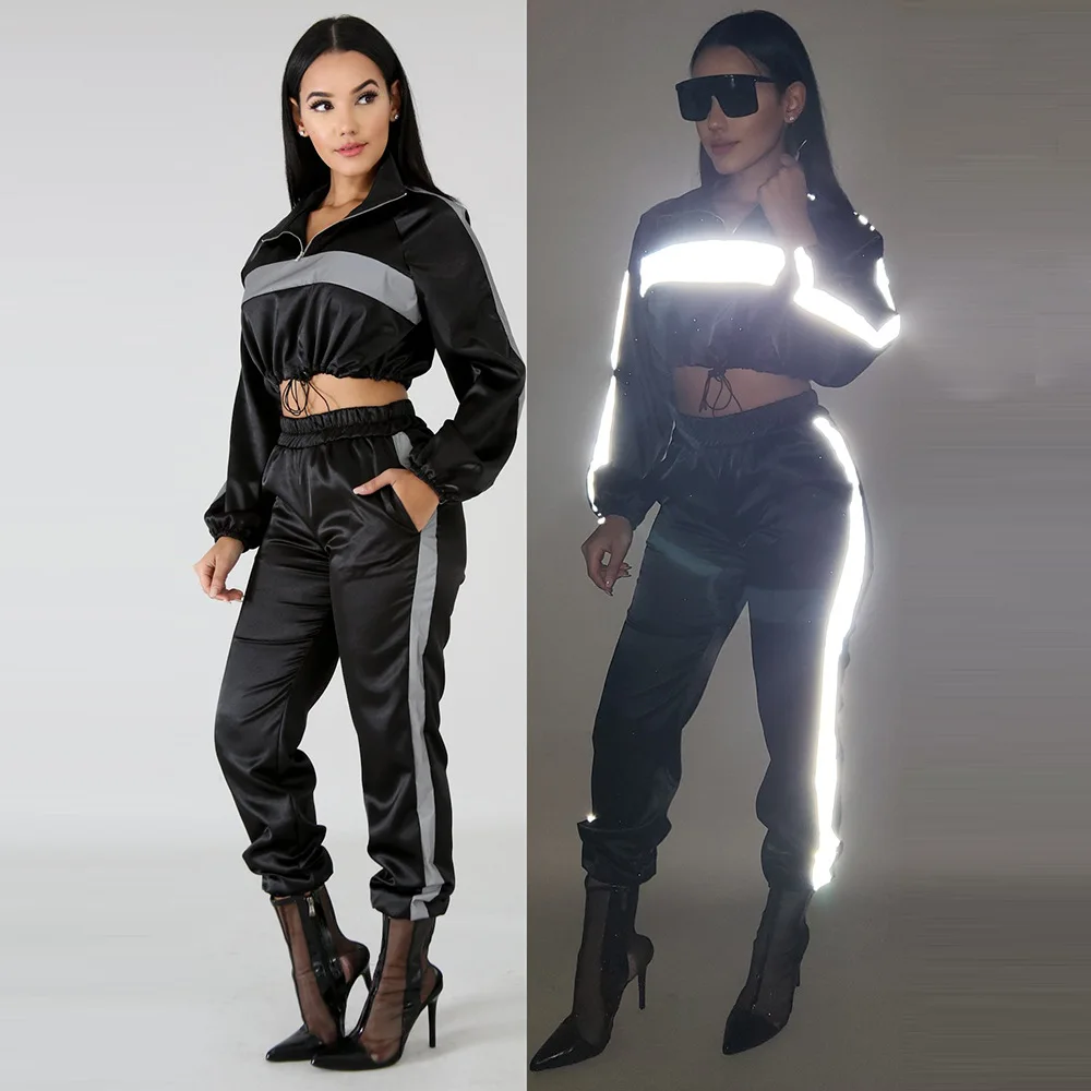 HAOYUAN, светоотражающий спортивный костюм, комплект из 2 предметов, женская одежда, черный укороченный топ+ штаны, спортивный костюм, сексуальная клубная одежда, одинаковые комплекты